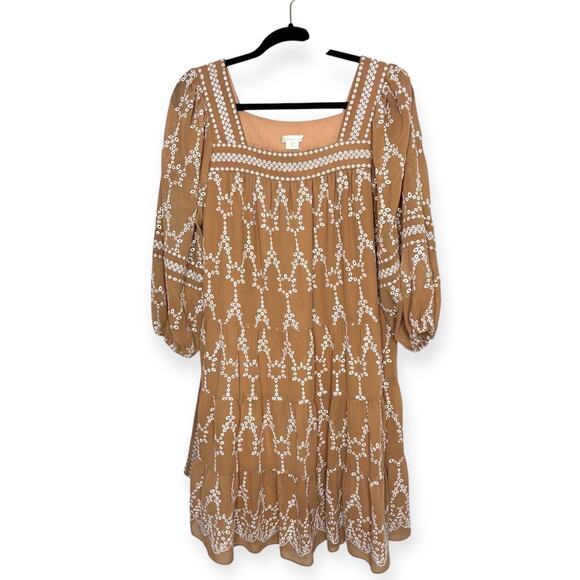 Shoshanna Torres tan and white long sleeve eyelet dress with tie waist women's 6 - Picture 4 of 9